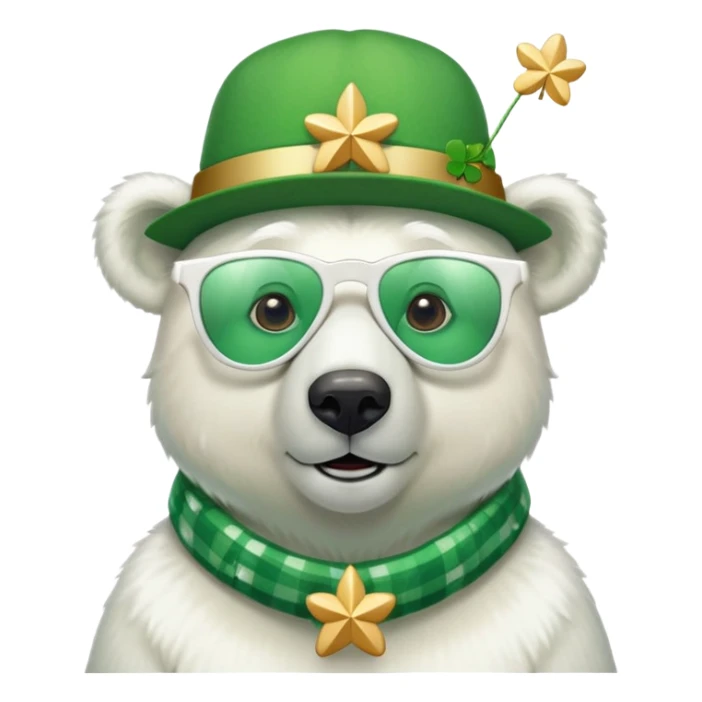 head and shoulders of a friendly anthropomorphised polar bear wearing oversized colorful star glasses, green hat, shamrock accessories, festive shirt sticker