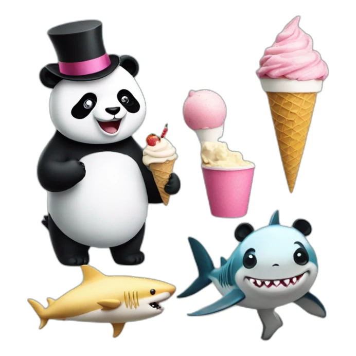 Panda eating ice cream and shark with a top hat sticker