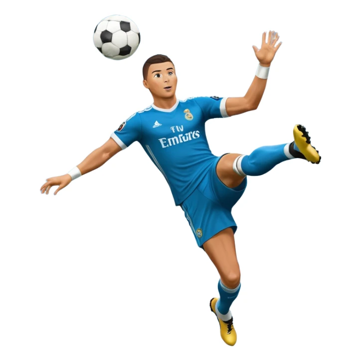 Ronaldo doing a bicycle kick with football in mid air While wearing a Retro blue Real madrid kit and yes i want it to be exactly the same as he Scored it in 2018 vs Juventus and please make it Realistic  sticker