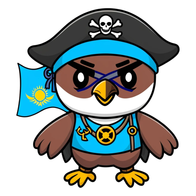 Pirate character with Kazakhstan flag colors and elements, eye patch, pirate hat with Kazakhstan eagle symbol sticker