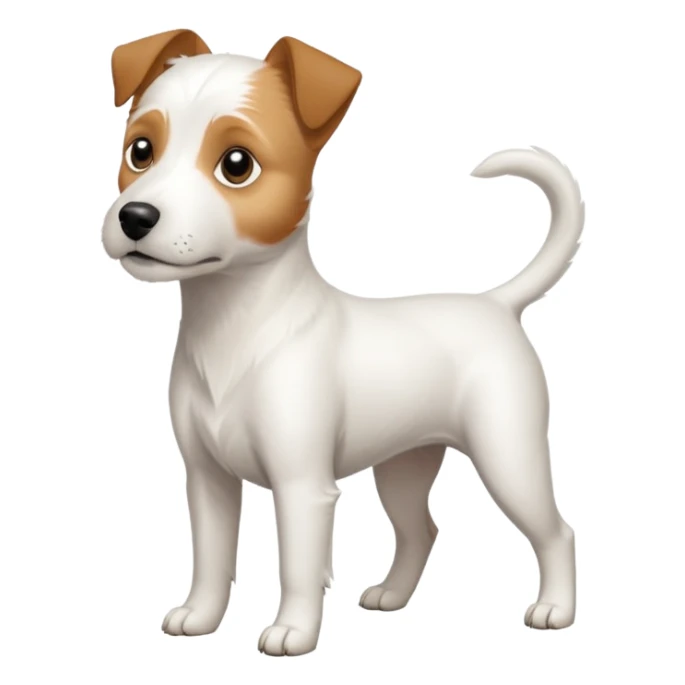 a full body slightly chubby white parson russell terrier looking dog the size of a kelpie with light brown long ears and a light brown patch on one eye and a large snout sticker