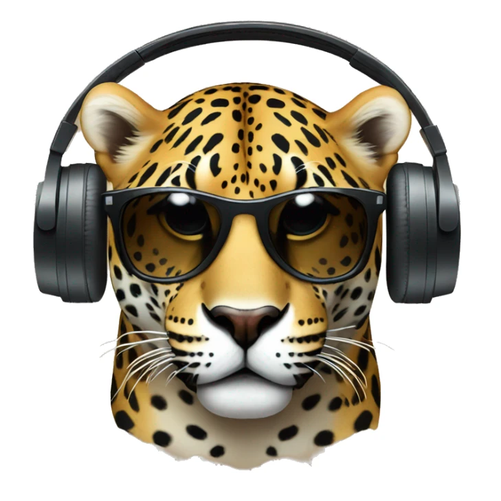 jaguar dj, round emoji face, looking forward, wearing cool sunglasses, wearing over-ear headphones on top of head sticker