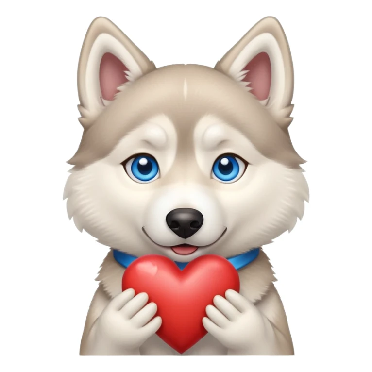 Beige husky with blue eyes holding a big heart sticker