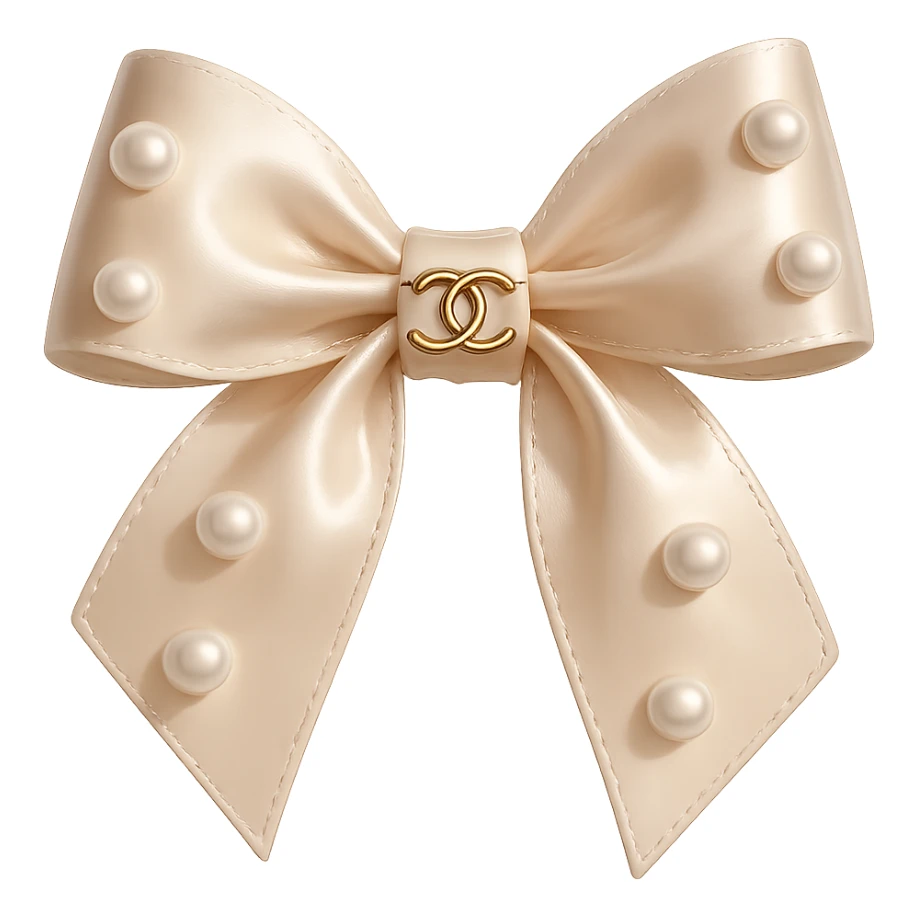 Remove the background, keep only the elegant bow with pearls and gold Chanel logo, glossy, pastel colors, realistic style, with no background. beige sticker