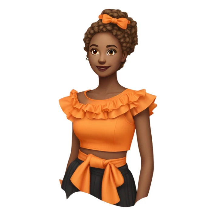 Realistic orange cut out crop top blouse. Ruffles. Isolated. Fancy sash sticker