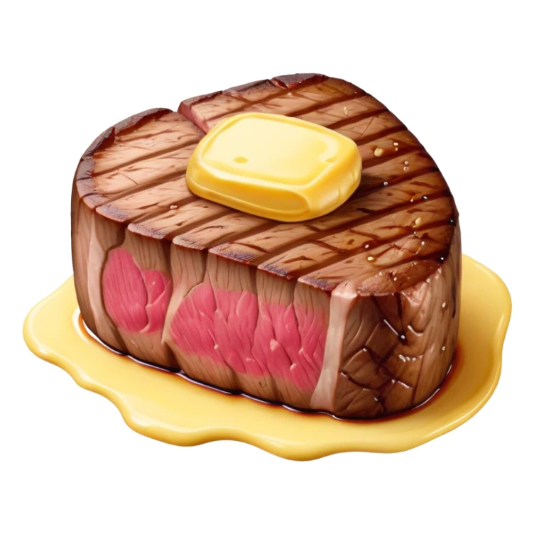 Cinematic thick-cut steak, perfectly seared with grill marks, a juicy pink center, butter melting on top, rich and savory, warm glow, sizzling and mouthwatering, highly detailed and appetizing. sticker
