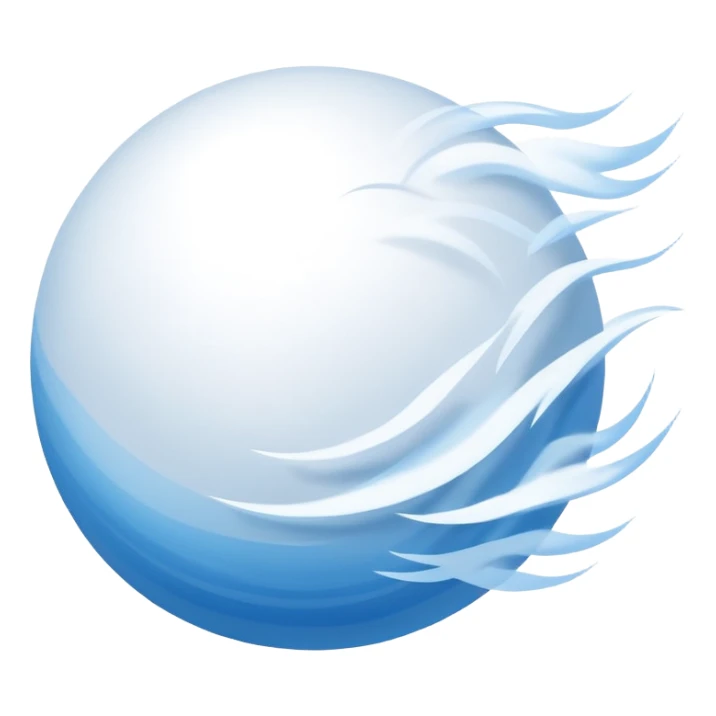 powdery snowball in flight trailing smooth white and blue wind streaks, soft and cold, minimal iOS emoji style, soft shadows, highlights sticker