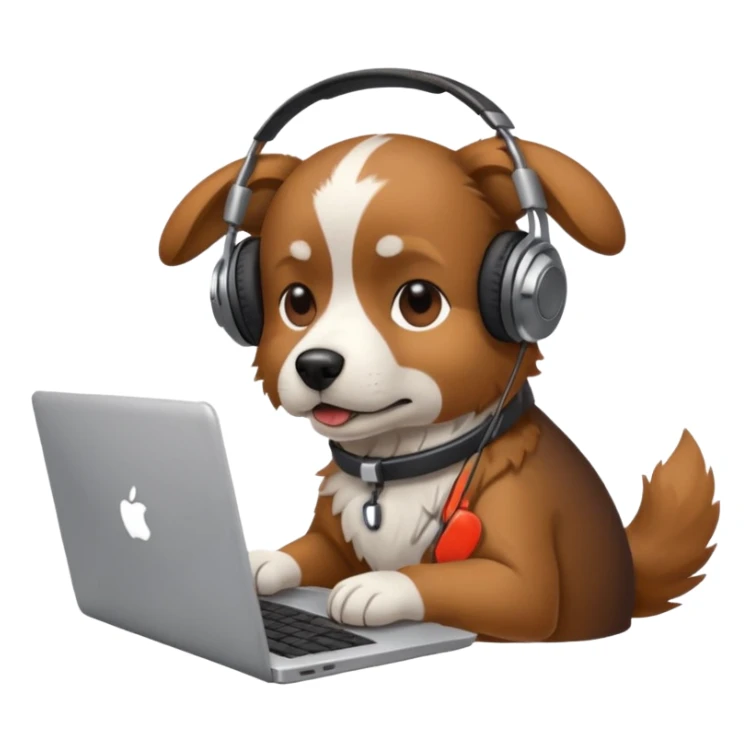 A dog with headphones on  a laptop sticker