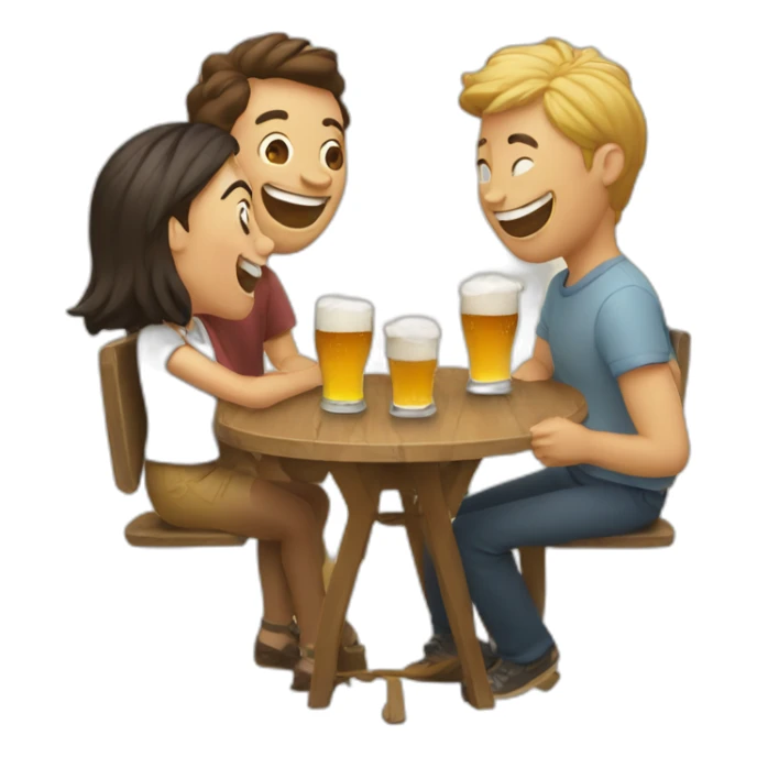 3 people laughing around a table with 3 small beers on it sticker