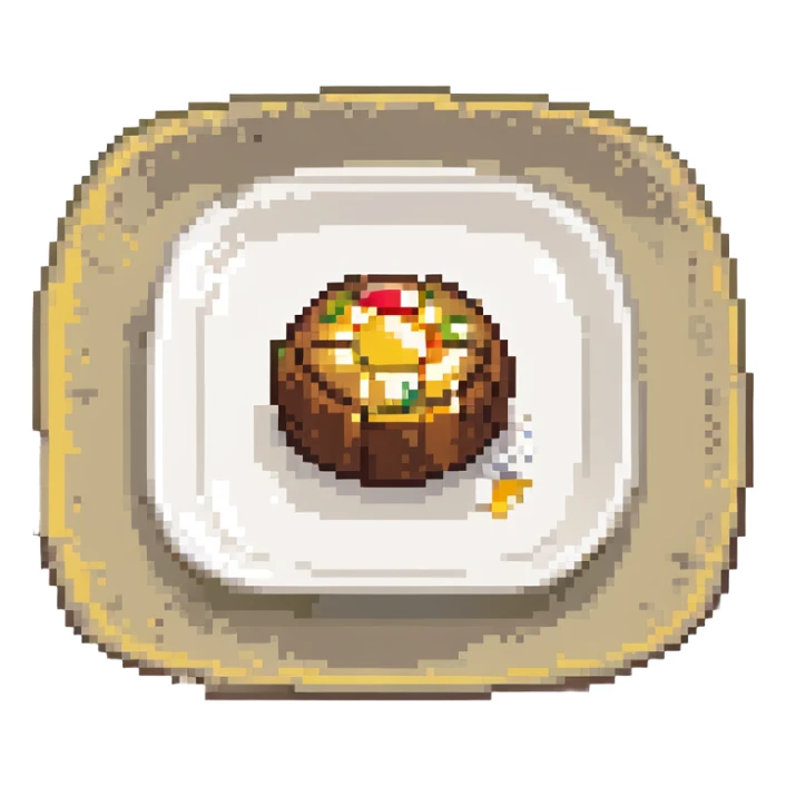 pixel art of a small pudding on a white plate, minimal details sticker