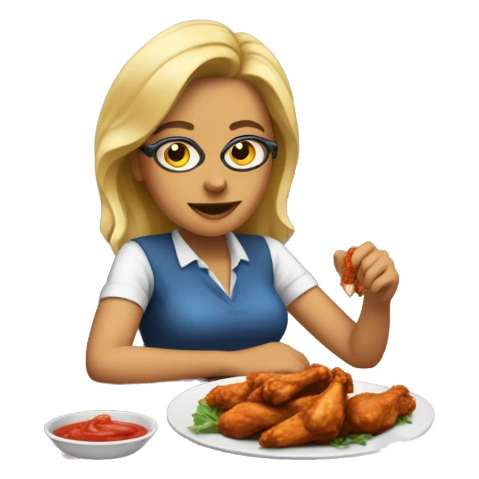 Generate a woman at a desk eating chicken wings sticker
