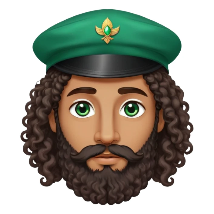 Hyper realistic man, emerald eyes, long curly hair with a cap, long well-groomed beard, dark skin, full lips, beautiful nose, Armenian Spanish descent sticker