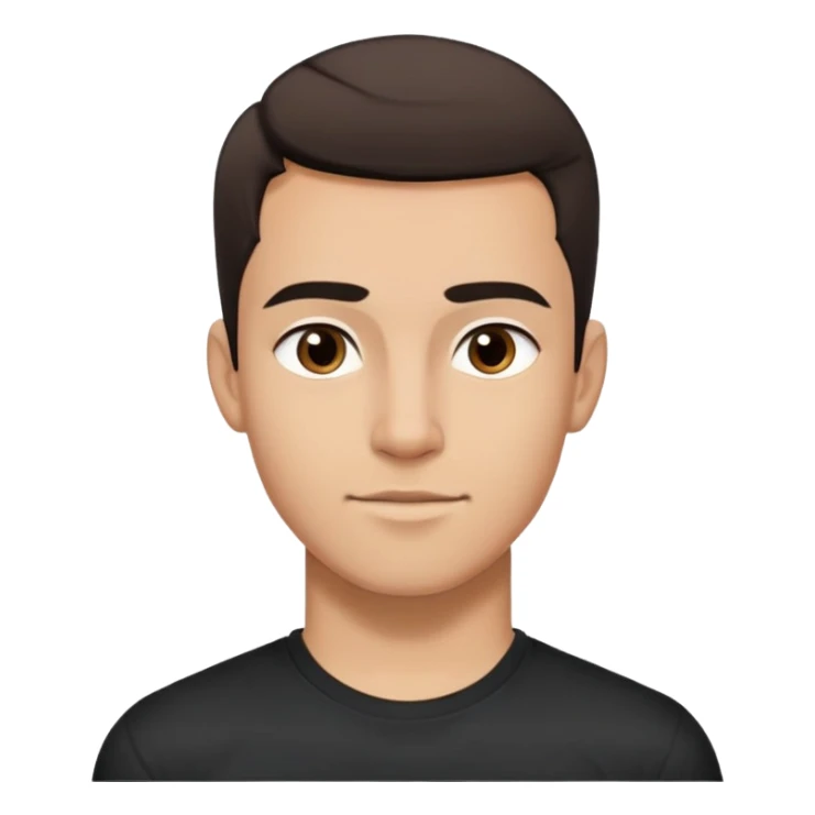 Young man with light brown skin, elongated face, defined jawline, medium dark eyes, arched eyebrows, straight nose, friendly expression, short dark hair styled upward, athletic build, wearing a fitted black t-shirt sticker
