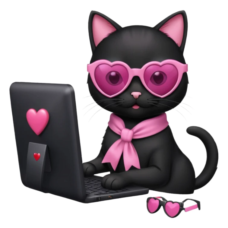 Black cat with pink ribbon and sunglasses doing pink computer with pink heart sticker
