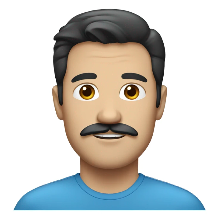 A white man with black hair blue shirt, with some moustache. sticker