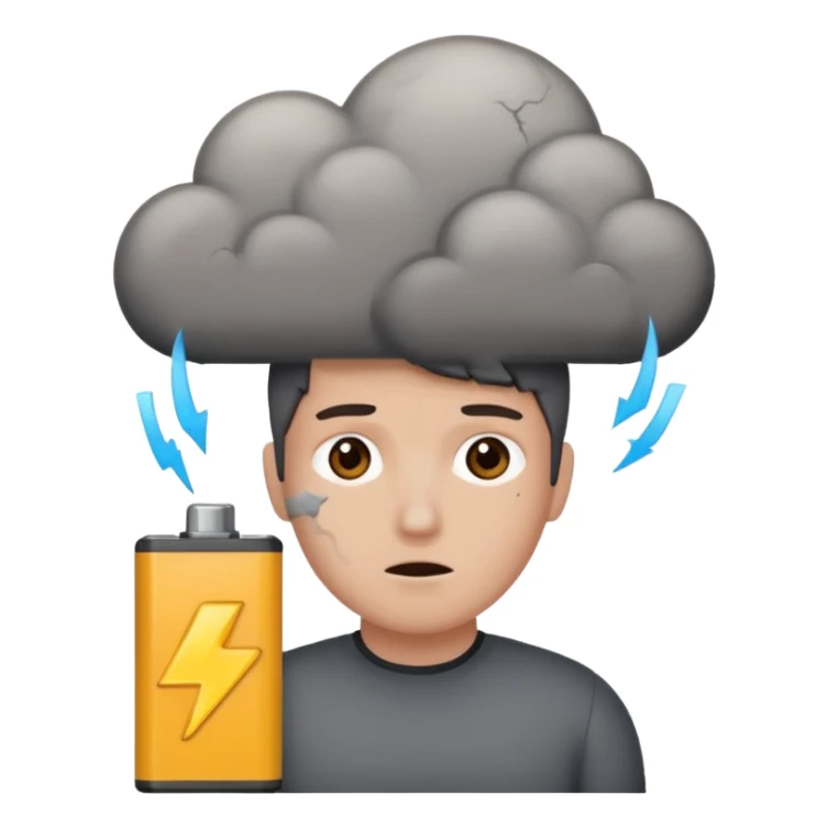  battery with no energy and cracks on it and a gray cloud abouve the head sticker