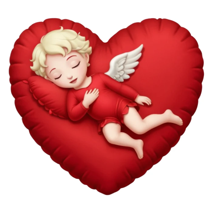 A lifelike photograph shows a pale Cupid sleeping on a giant, soft, heart-shaped cushion. sticker