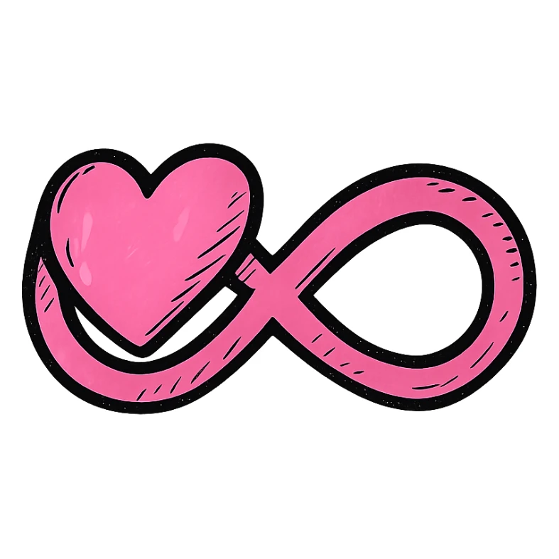 hand-drawn style pink infinity symbol with clear bold outlines, expressive stylized shadows and highlights, simple heart shape integrated as part of the infinity loop, heart forms one of the loops or is seamlessly woven into the symbol sticker
