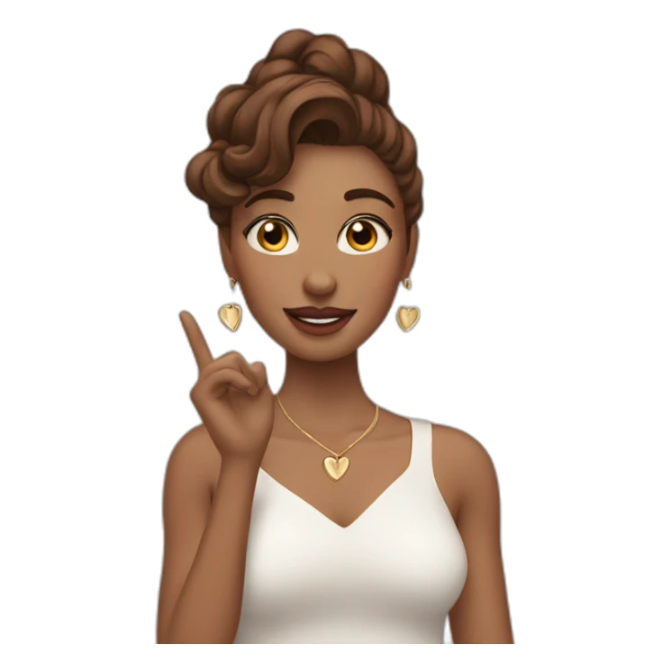 white beautiful woman, brown wavy hair, heart-shaped hand gesture, long earrings sticker