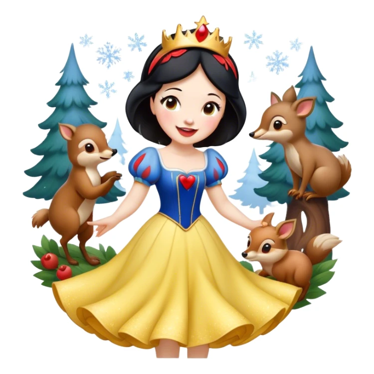Cinematic Playful Snow White Portrait Emoji, Laughing while dancing with woodland animals, dress twirling gracefully, a whimsical sparkle in her eye, radiating charm and pure delight! sticker