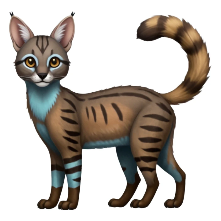 Realistic patterned marked edgy bluish greyish blackish whitish silvery coppery Shiny Colorful Dusky Dark Gloomy Glossy Genet-Caracal-Lion-Bobcat-fusion-animal-hybrid-creature, full body, tufted ears, long thin tufted tail sticker