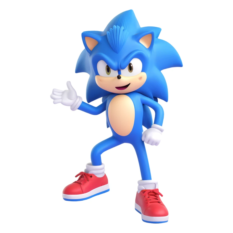 Sonic the Hedgehog, blue cartoon hedgehog with red shoes, energetic pose, 3D emoji style sticker