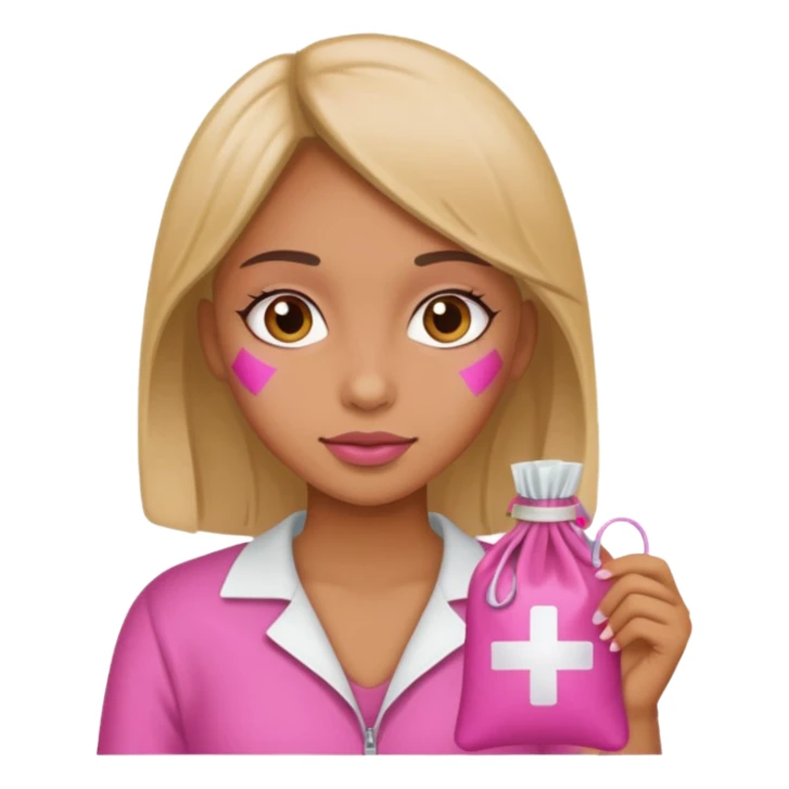 A girl with a pink drug bag sticker