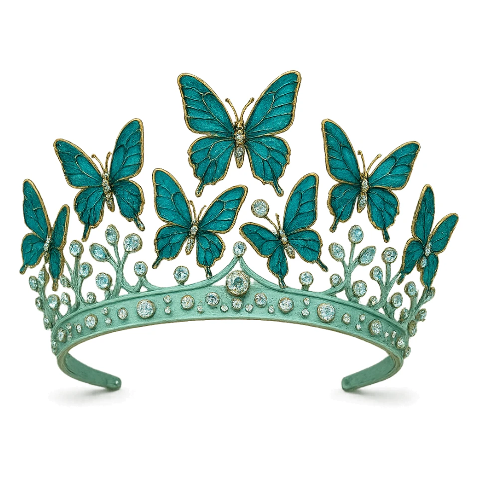 butterfly crown with a mint green base, butterflies in teal and aqua enamel, sparkling gems, transparent background sticker
