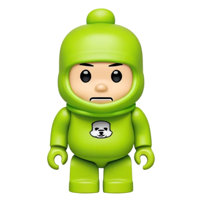 bearbrick toy wearing a lime green balaclava with Supreme logo and thick aggressive eyebrows showing above sticker