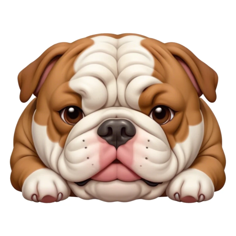 Cinematic Meme-Worthy Chubby Sleeping Brown and White English Bulldog Portrait Emoji, Head resting peacefully with a contented smile, showcasing a delightfully chubby build and a luxuriously soft brown and white coat, eyes shut in a serene nap, Simplified yet hilariously adorable features, highly detailed, glowing with a soft, drowsy light, high shine, relaxed and utterly lovable, stylized with an air of playful laziness, bright and heartwarming, soft glowing outline, capturing the essence of a comically sleepy guardian, so meme-worthy it feels like it could instantly become the next viral sensation of adorable slumber! sticker