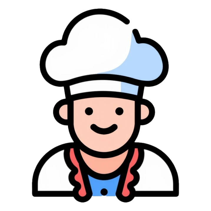 a pastry chef with a blue, white, and red collar sticker
