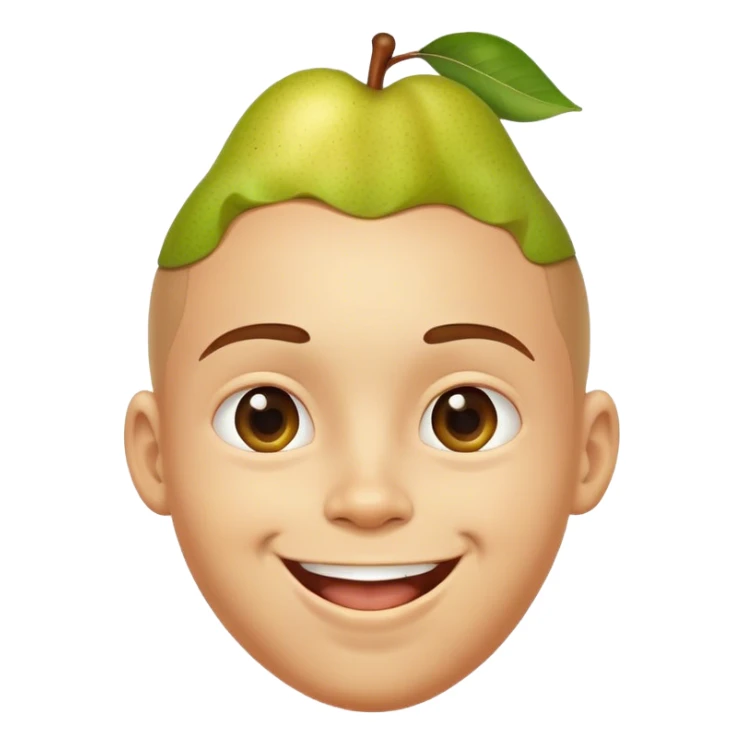 Make an image of a boy with a pear for a head with a super big smile sticker