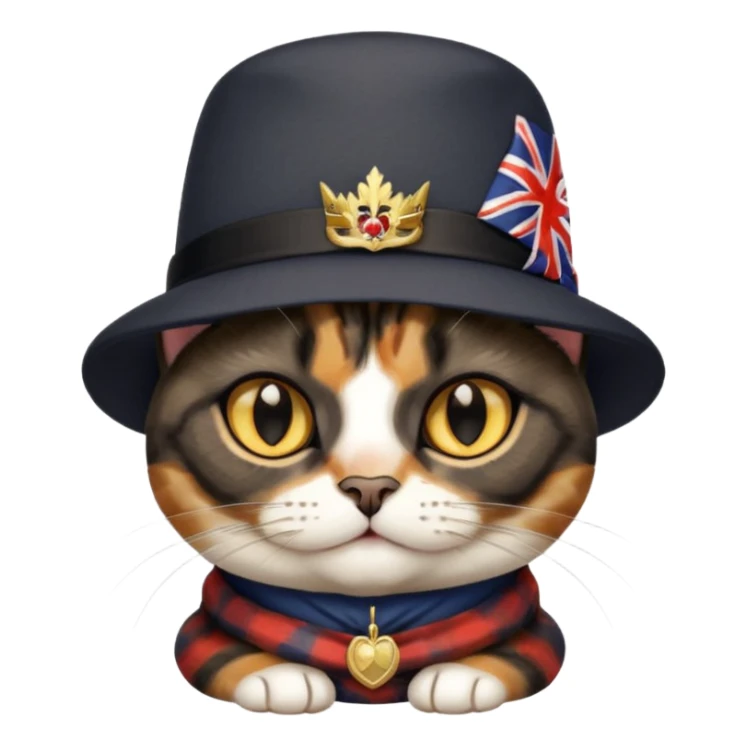 mostly black tortie cat, gold eyes, british hat sticker