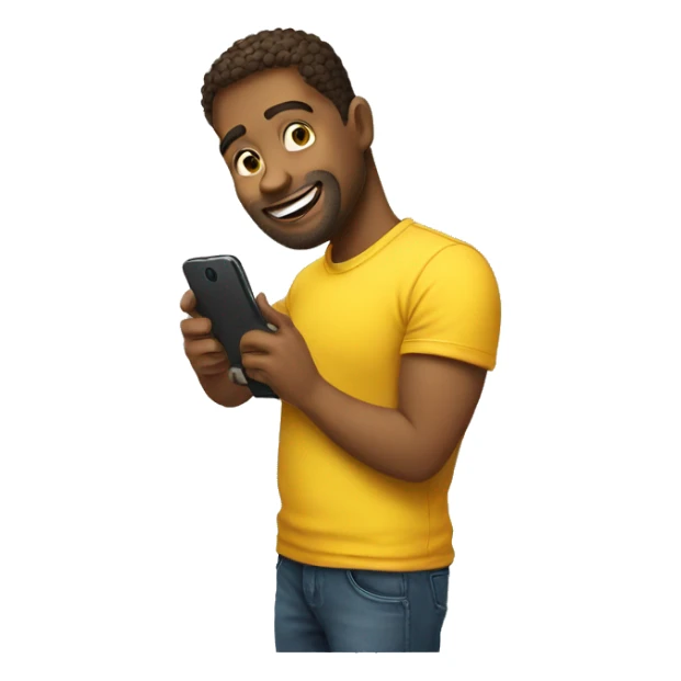 a man with a phone in his hand and a yellow t-shirt sticker