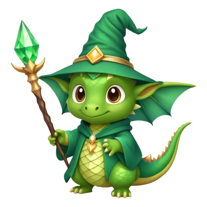 A cute dragon wearing a pointed wizard hat and robes, holding a magic wand sticker