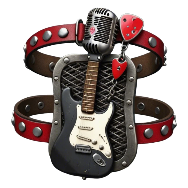 Create a powerful and dynamic humanless emoji representing rock vocals. The design should feature a classic vintage microphone with a rugged, distressed look, surrounded by elements like a guitar pick, electric guitar neck, and sound waves to reflect the raw energy of rock music. Add subtle details such as a spiked bracelet, leather textures, or bold lightning bolts to evoke the rebellious and intense spirit of rock. Use dark, edgy colors like black, red, silver, and metallic accents to emphasize the fierce, loud, and passionate nature of rock vocals. The background should be transparent. sticker