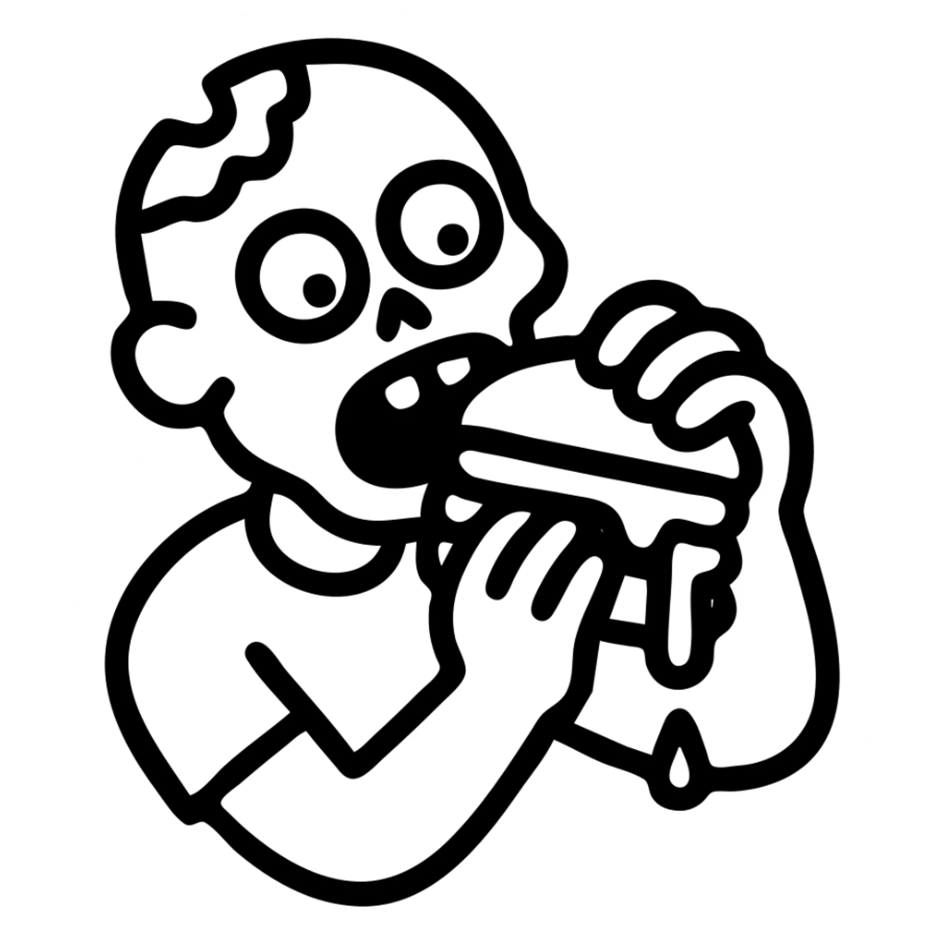 a zombie eating a hamburger dripping ketchup, cartoon style, bold lines, playful sticker