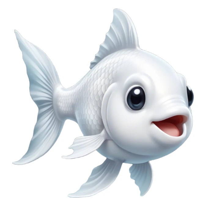 Cinematic Comical White Goldfish Portrait Emoji, Head tilted dramatically with an exaggeratedly amused expression, featuring a striking, glossy pure white body with elegantly fluttering fins, wide, expressive pale eyes filled with playful disbelief, Simplified yet hilariously expressive features, highly detailed, glowing with a slightly sassy glow, high shine, dramatic yet playful, stylized with an air of cheeky mischief, bright and endearing, soft glowing outline, capturing the essence of a spirited and over-the-top goldfish, so meme-worthy it feels like it could side-eye its way into internet fame instantly! sticker