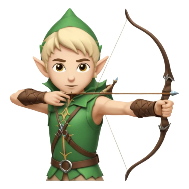 elf male archer aiming at target, summer leather gear, bow, pointy ears, determined look, sand dune backdrop, centered emoji sticker