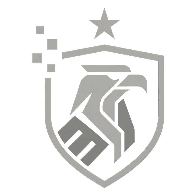 bold minimalistic logo for defense intelligence agency, stylized eagle in geometric form with shield digital pixel accents single star, dark blue gray metallic silver, clean lines futuristic easily recognizable sticker