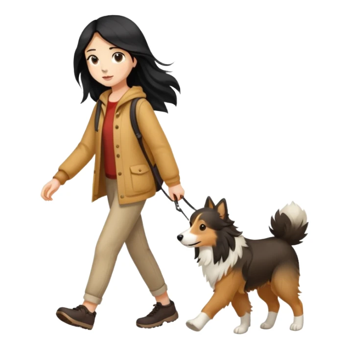 A girl with long black hair walking with a light brown collie sticker