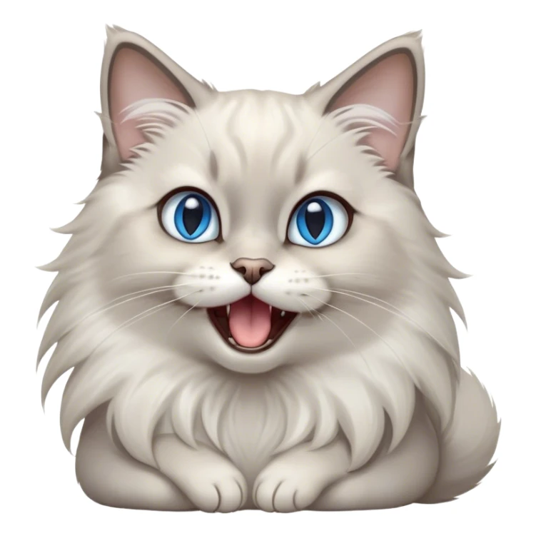 Cinematic Adorable Fluffy Light Grey Mantle Ragdoll Cat Portrait Emoji, Head tilted cutely with big, sparkling blue eyes, soft light grey fur with darker points on the ears, face, and paws, Simplified yet irresistibly adorable features, highly detailed, glowing with a soft, warm glow, high shine, yawning in a peaceful and playful manner, stylized with a touch of whimsy, bright and endearing, soft glowing outline, capturing the essence of a relaxed and loving kitten, so cute it feels like it could leap out of the screen and stretch into a cozy nap! sticker