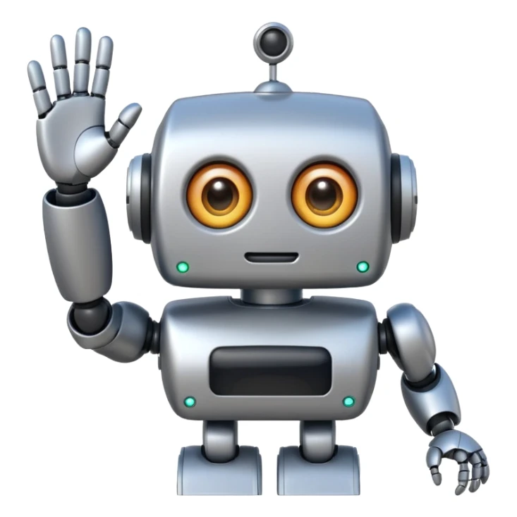 cute robot waving hand, big eyes, color #b0f2f8, apple emoji style sticker