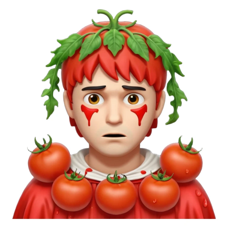 tragic stage performer portrait, head and shoulders only, tomatoes thrown at him, sad embarrassed face, messy costume, cinematic lighting, 3D cartoon, mobile game icon style, clean background, no text, no watermark
 sticker