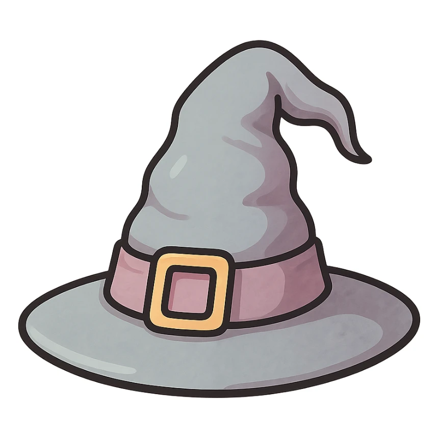 atmospheric witch hat, beautiful, crooked, volumetric, detailed shadows and highlights, textured, thin clean contours, soft rounded shapes, pastel palette #98B5BC, #B5B3C1, #C9A3C9, #E4C0CA, #F7DCD1, #F7C0AA, modern Japanese pop art and sticker aesthetic, soft lighting, transparent background sticker