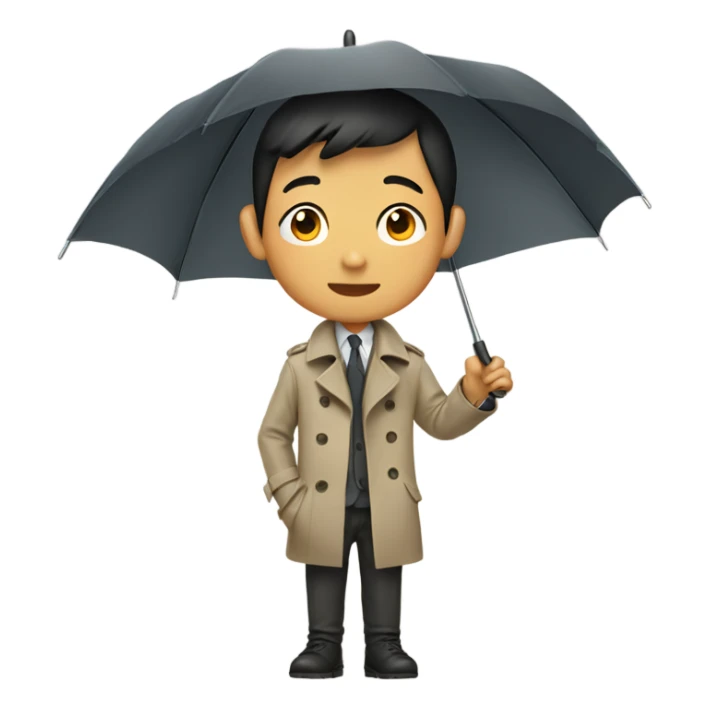 Asian boy wearing a trench coat holding umbrella sticker
