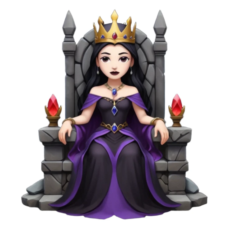 Dark queen seated on stone throne, relaxed dominance, heavy shadows, cold sticker