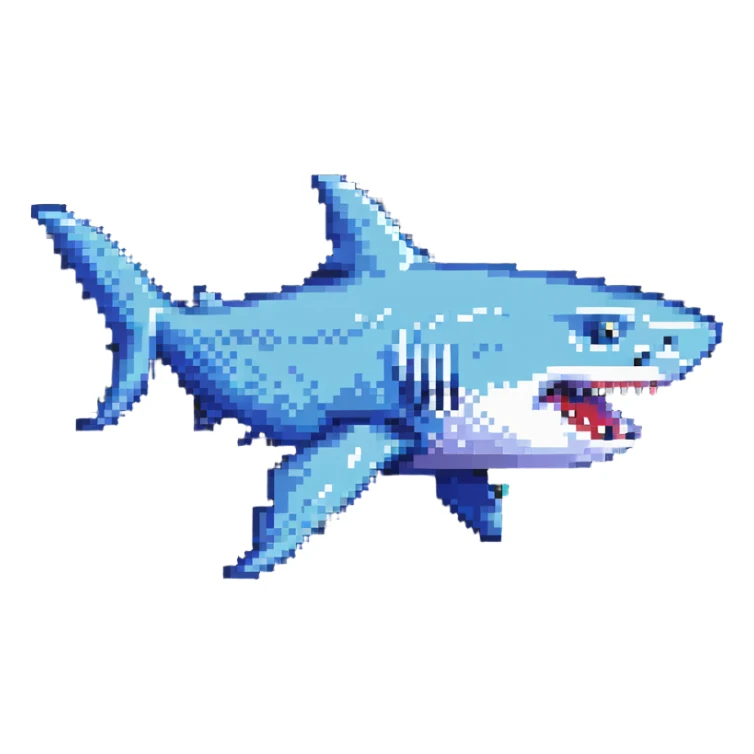 flying shark, pixel art style, simple background, retro colors sticker