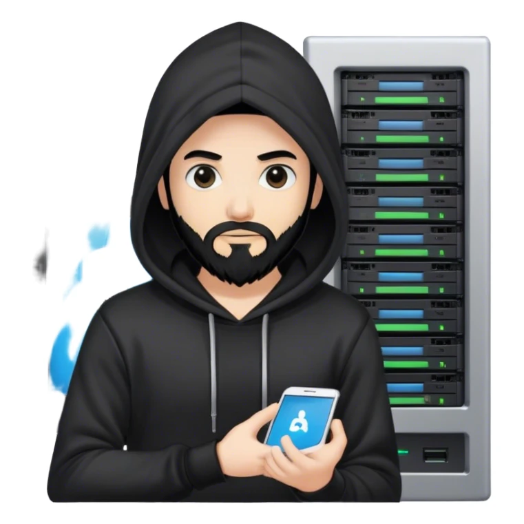 hackeur blanc cheveux noir barbe et capuche noir à côté d'un server ia sticker