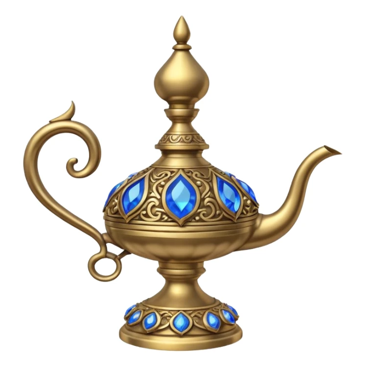 a genie lamp with blue gems and a DD carved sticker